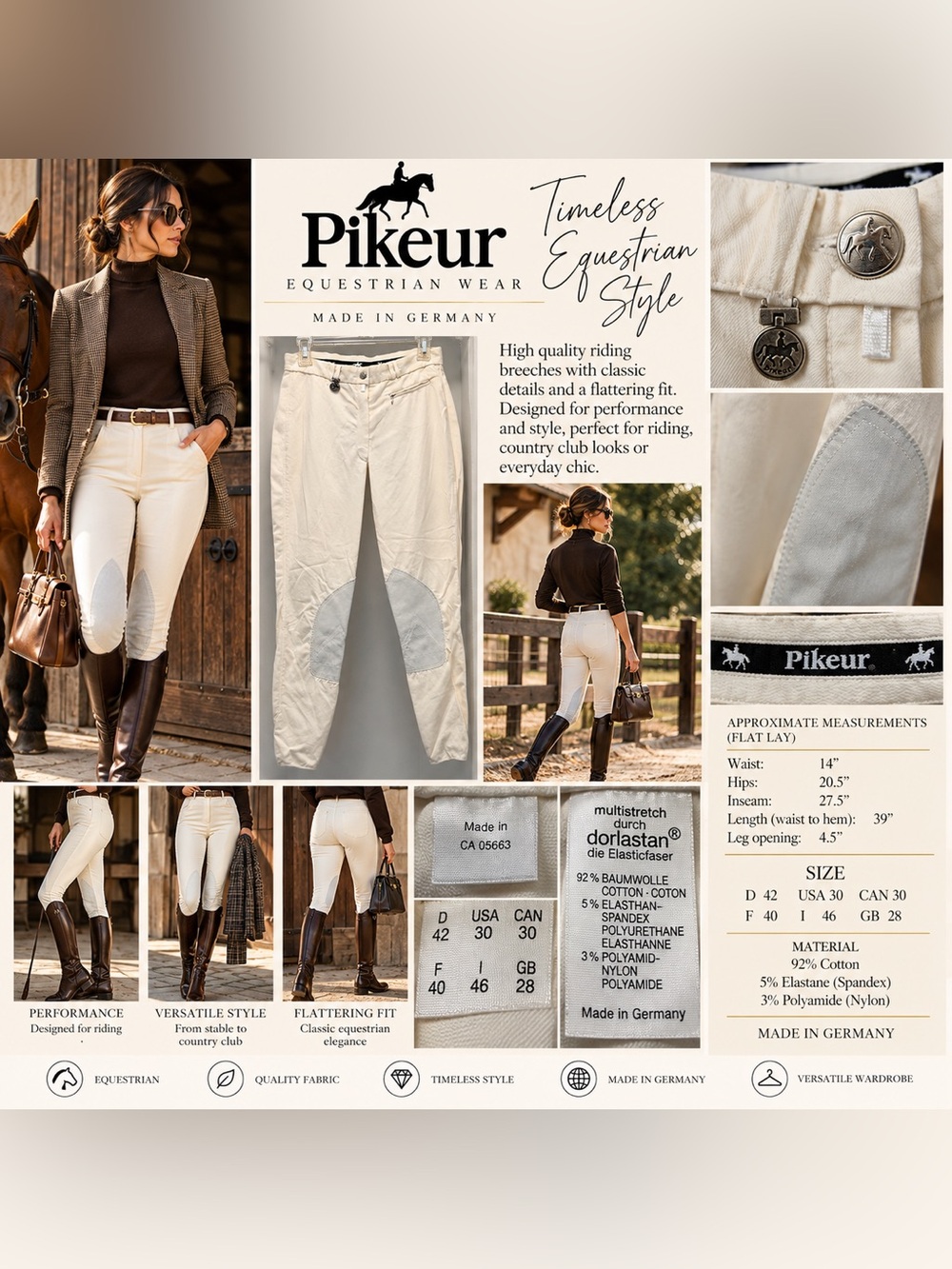 Pikeur White Equestrian Knee Patch Riding Breeches Size 30 Germany